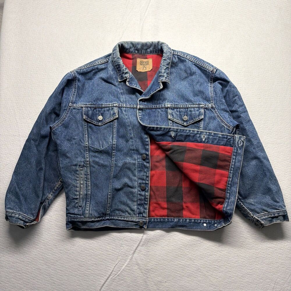 Vintage 80s 90s GAP Denim Jacket USA Buffalo Plaid Flannel Lined Jean - Men's L